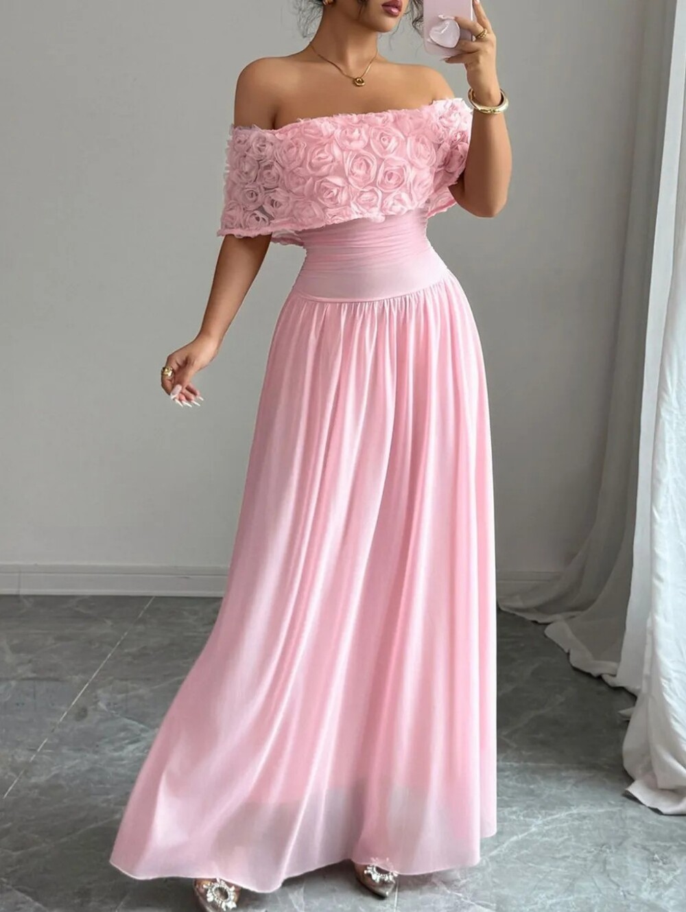 🌸Pink Off Shoulder Rose Embellished Bodice Maxi Dress